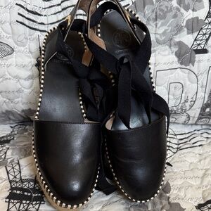 Tory Burch Black EUC  Espadrille platform Flats with Ribbon Detail